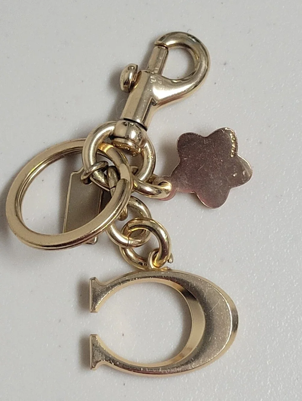 Coach Signature C Logo Pink Tea Rose Flower Bag Charm Keychain Goldtone.